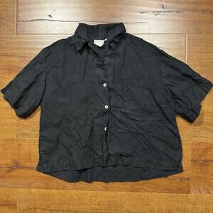 Deiji Studios Oversized Crop Button Up Shirt Womens XS Black 100% Linen Lagen